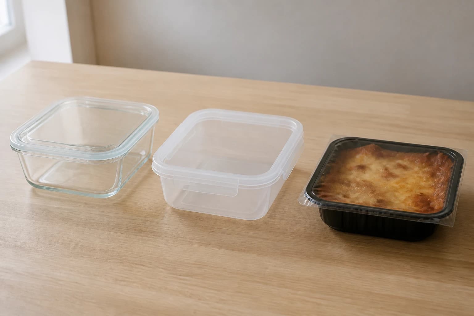 Trois contenants alignés, boîte en verre, boîte en polypropylène et barquette du commerce