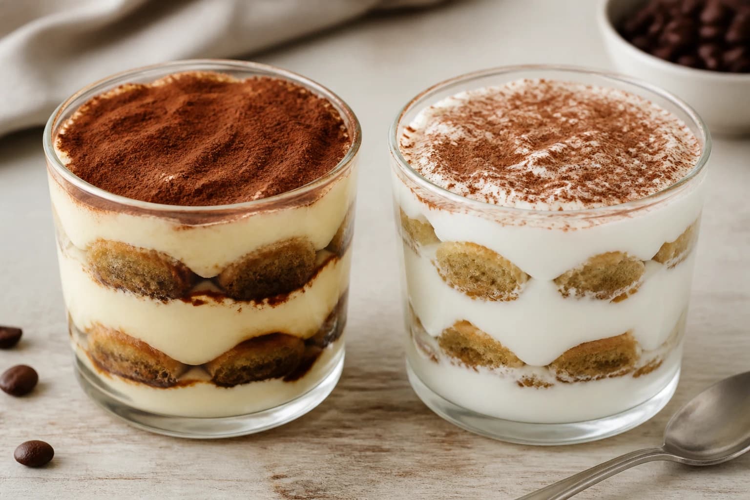 Tiramisu au yaourt grec en verrine avec boudoirs et cacao, comparé au tiramisu classique